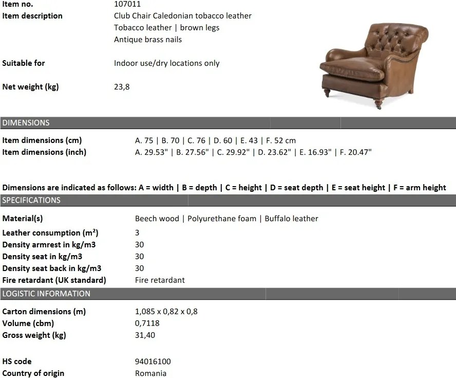 Fotoliu clasic design LUX Caledonian piele tobacco