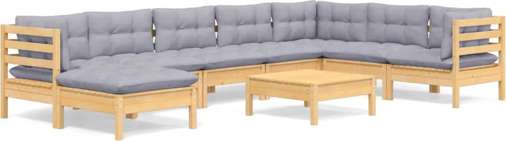 vidaXL Set mobilier de grădină cu perne gri, 9 piese, lemn masiv pin