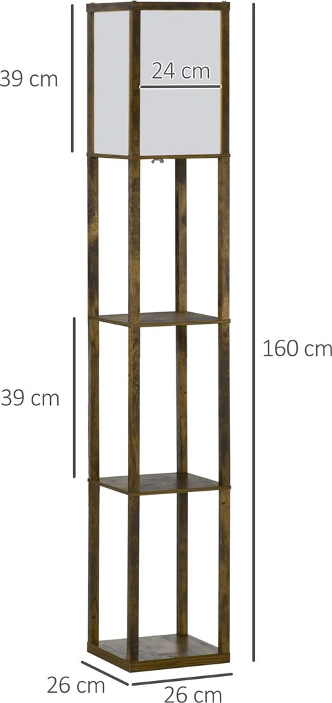 HOMCOM Lampă de Podea cu 3 Rafturi Integrate, Design Modern din MDF, 26x26x160 cm, Lemn Natural | Aosom Romania