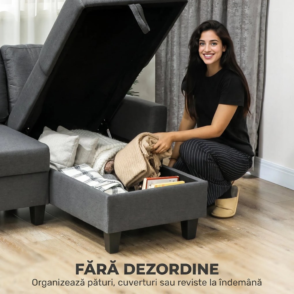 HOMCOM Canapea Extensibilă cu 3 Locuri cu Șezlong și Spațiu de Depozitare, 197x129x85 cm, Gri Închis | Aosom Romania