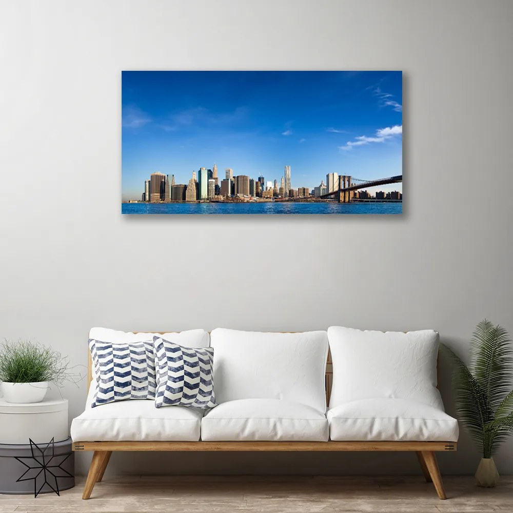 Tablou pe panza canvas Bridge City Case Gri Albastru Negru