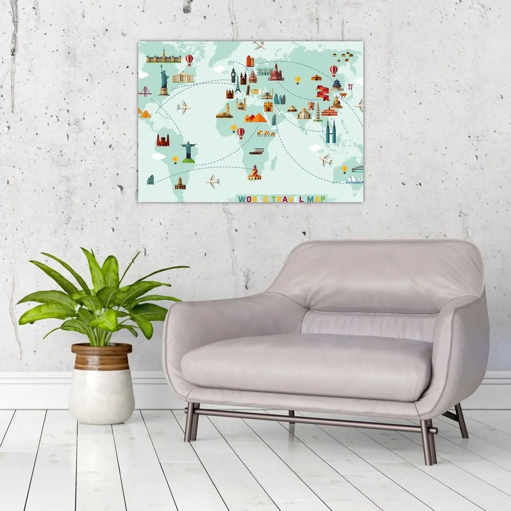 Tablou pe sticlă - Harta cu pictograme, amintire (70x50 cm)