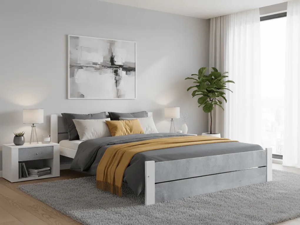 Pat dublu IKAROS DOUBLE 140 x 200 cm, beton/alb Saltele: Cu saltele Deluxe 10 cm, Somiera pat: Cu lamele curbate