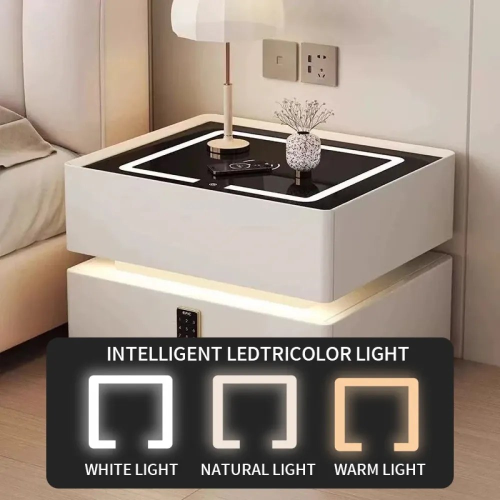 Noptieră inteligentă multifuncțională, sertar tip seif cu blocare cu parolă, încărcare Wireless, difuzor Bluetooth, iluminare LED touch în 3 culori, Alb