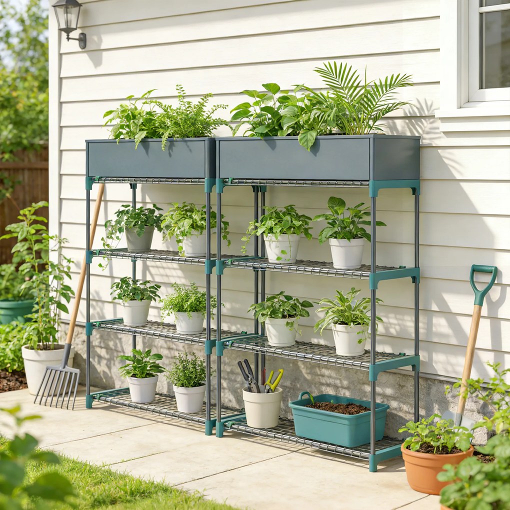 Outsunny Raft pentru Plante pe 4 Niveluri, Set de 2 Suporturi pentru Plante, din Oțel cu Catarame pentru Montaj Ușor, Expunere Ghivece Grădină și Balcon, 90x28x104 cm | Aosom Romania