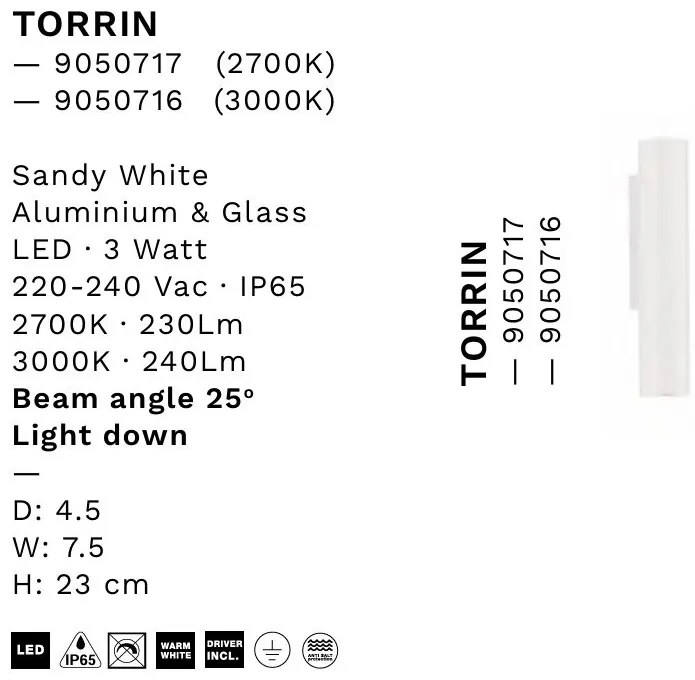 Aplica exterior cu iluminat jos LED 3000K IP65 TORRIN alb