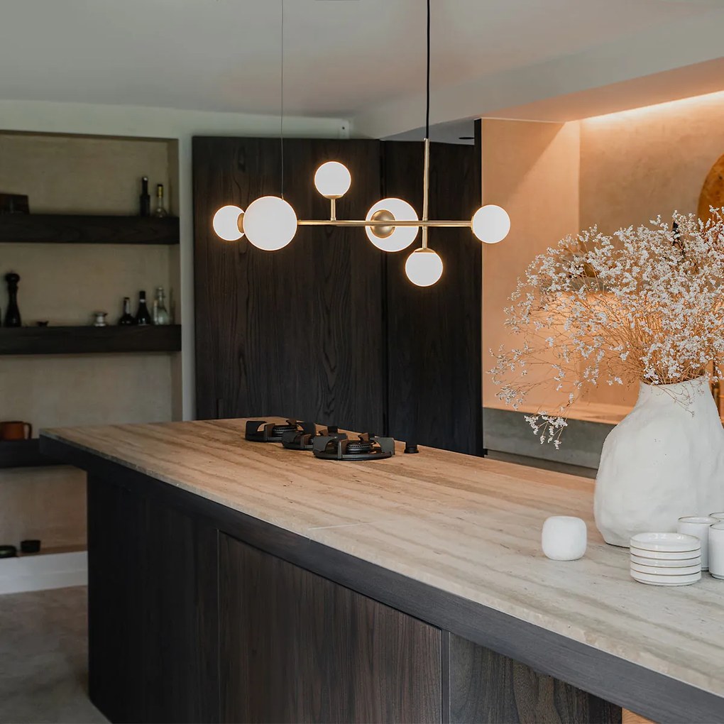 Lampă suspendată Hotel Chic aurie cu sticlă albă opal 6 lumini - Monaco