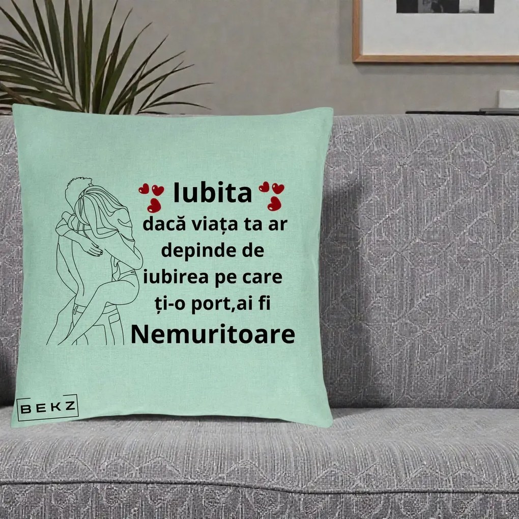 Cadou pentru Iubita - Perna Personalizata Iubita Nemuritoare cu Cuplu Line-Art si Inimi Rosii, 40x40 cm, Verde Menta, Husa Detasabila, Perna Inclusa, BEKZ®