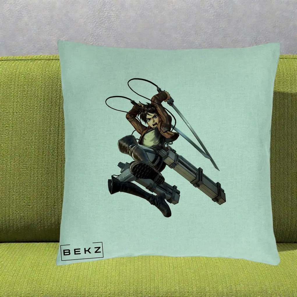 Perna Personalizata Attack on Titan Eren Yeager Lupta, 40x40 cm, Verde Menta, Husa Detasabila, Perna Inclusa, BEKZ®