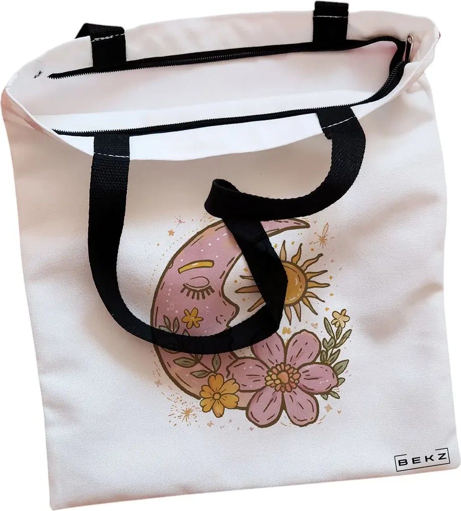 Sacosa de Panza pentru Cumparaturi, Geanta Tote, Sunny Moon, Cu fermoar, 38x34.5 cm, Alba, BEKZ®
