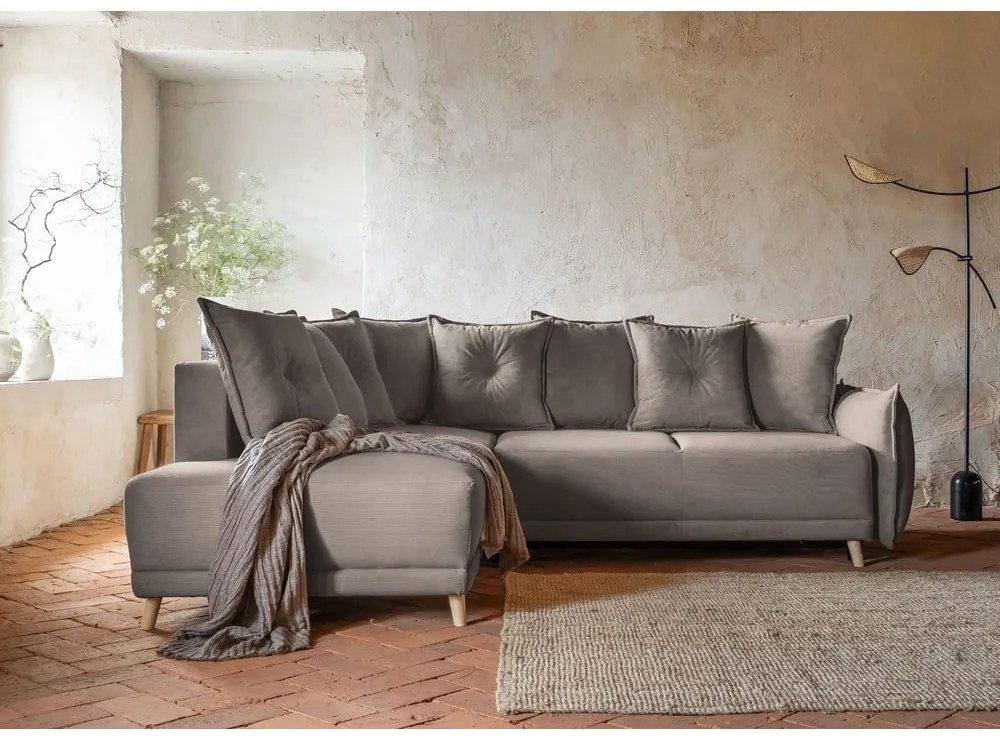 Colțar maro deschis extensibil cu tapițerie din catifea reiată (colț stânga) Lazy Lukka – Miuform