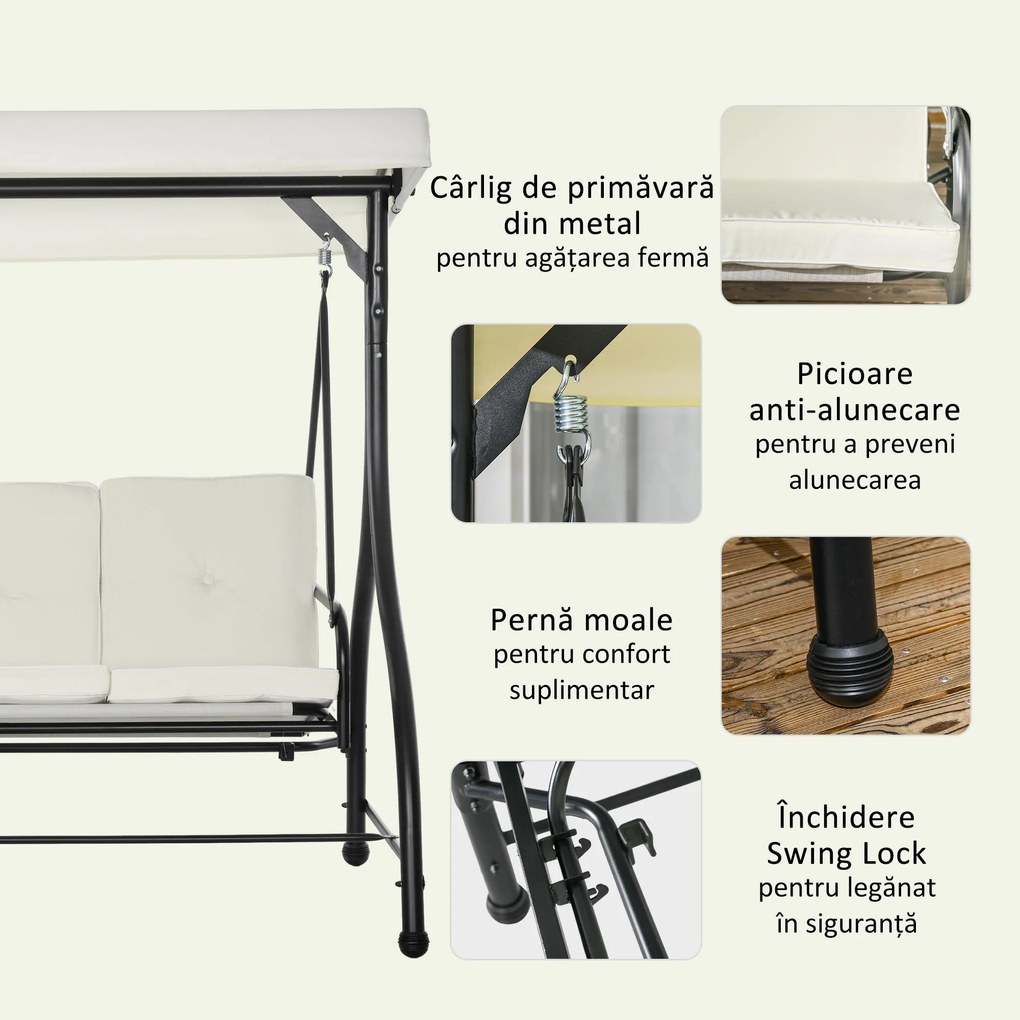 Outusunny Leagăn cu 3 Locuri de Grădină, Balansoar pentru Exterior cu Acoperiș Reglabil, din Oțel și Poliester, 195x117x175 cm, Crem | Aosom Romania