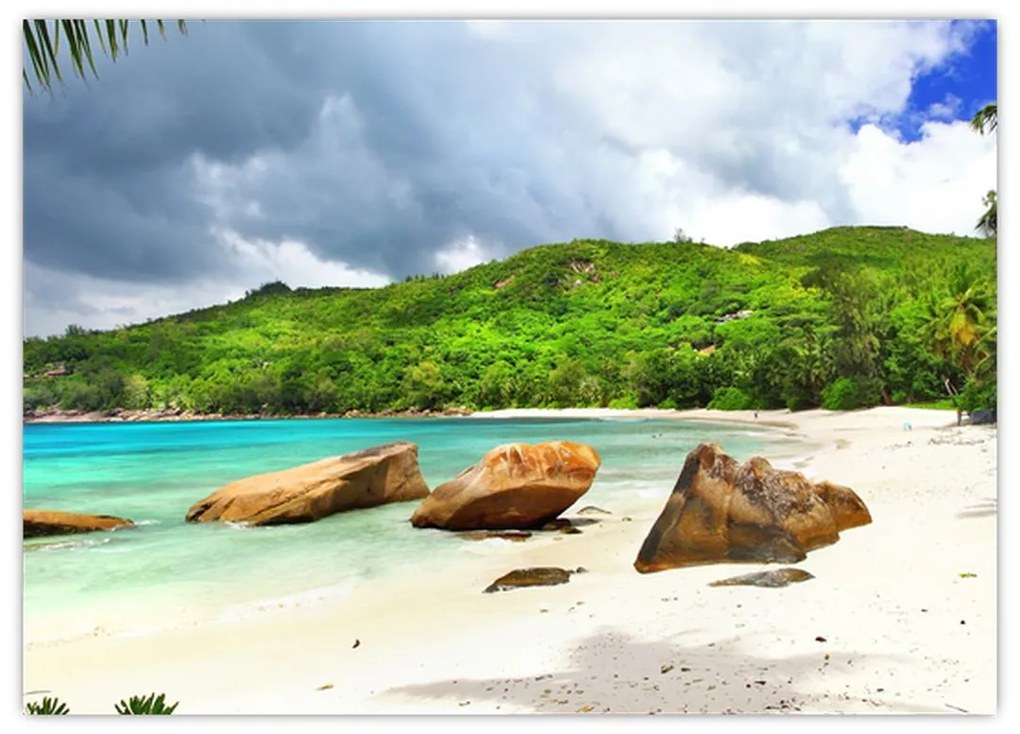 Tablou pe sticlă - Seychelles, plaja Takamaka (70x50 cm)