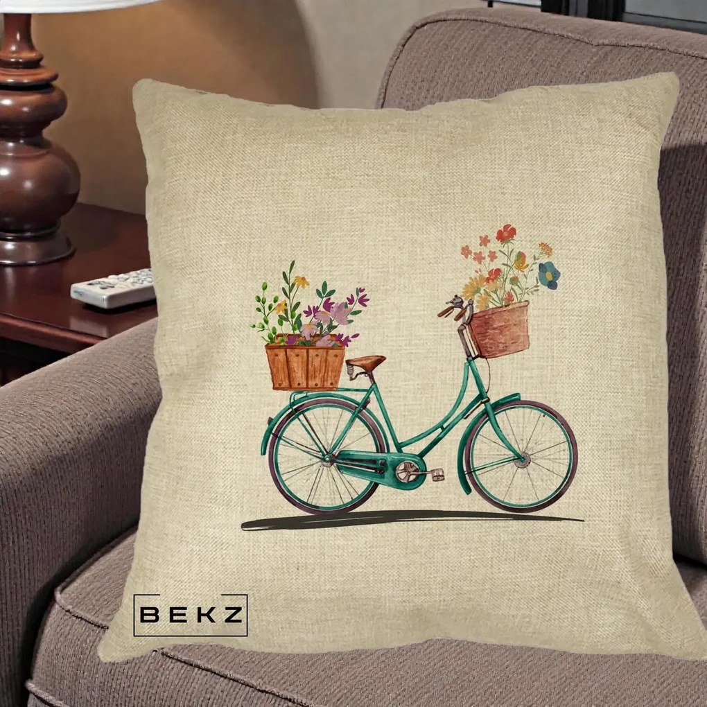 Perna Decorativa Bicicleta Florala Turcoaz Acuarela, 40x40 cm, Crem, Husa Detasabila, Perna Inclusa, BEKZ®
