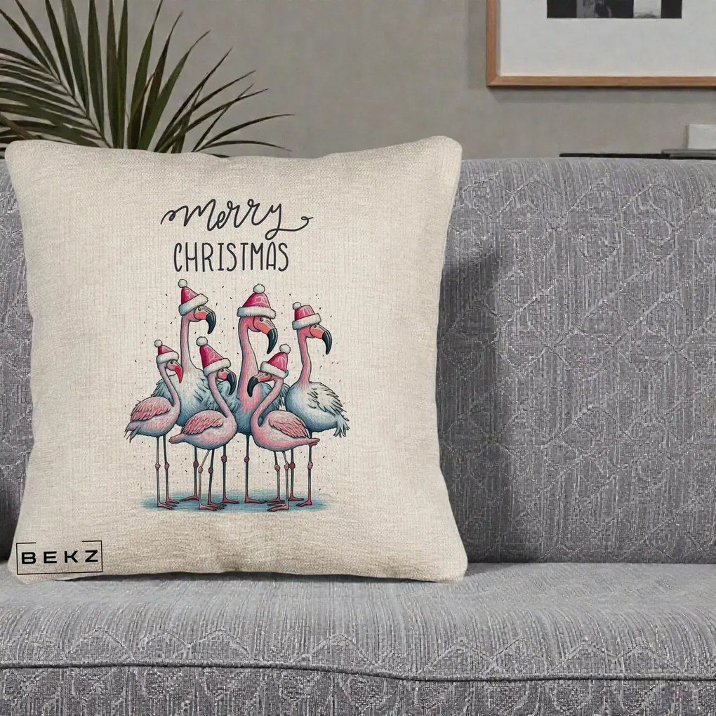 Perna Decorativa Flamingo Merry Christmas, 40x40 cm, Bej Canapea, Husa Detasabila, Perna Inclusa, BEKZ®