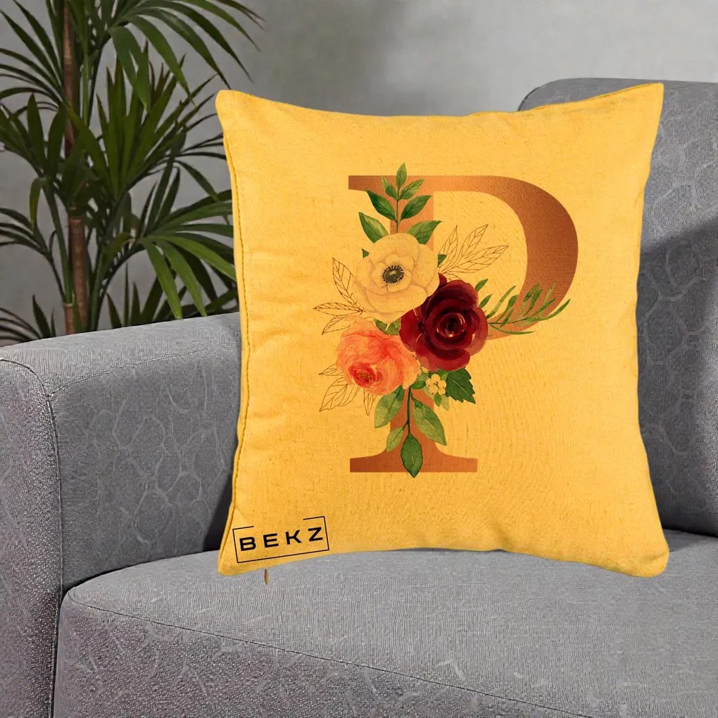 Cadou Personalizat - Perna Personalizata Monograma Rose Gold Litera P, 40x40 cm, Galben, Husa Detasabila, Perna Inclusa, BEKZ®