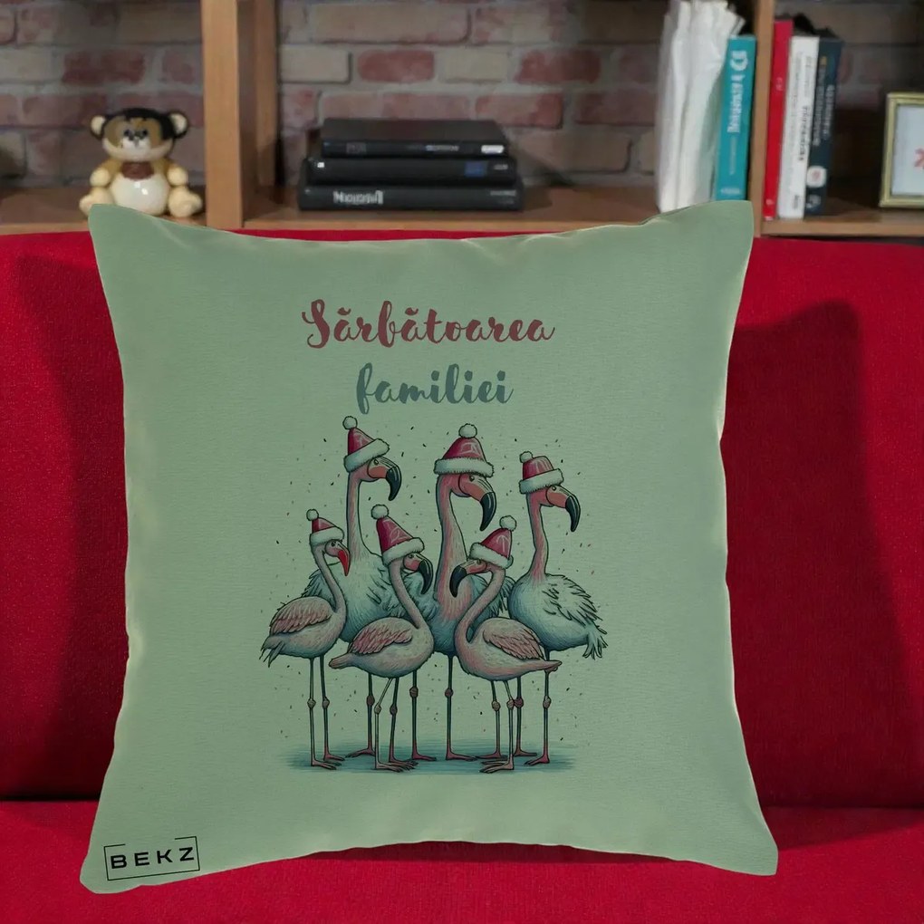 Perna Decorativa Flamingo Craciun Sarbatoarea Familiei, 40x40 cm, Verde, Husa Detasabila, Perna Inclusa, BEKZ®