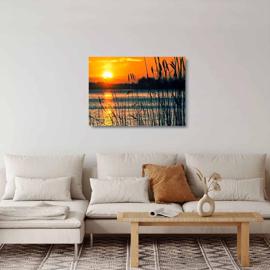 Tablou pe sticlă - Apus de soare la lac (70x50 cm)