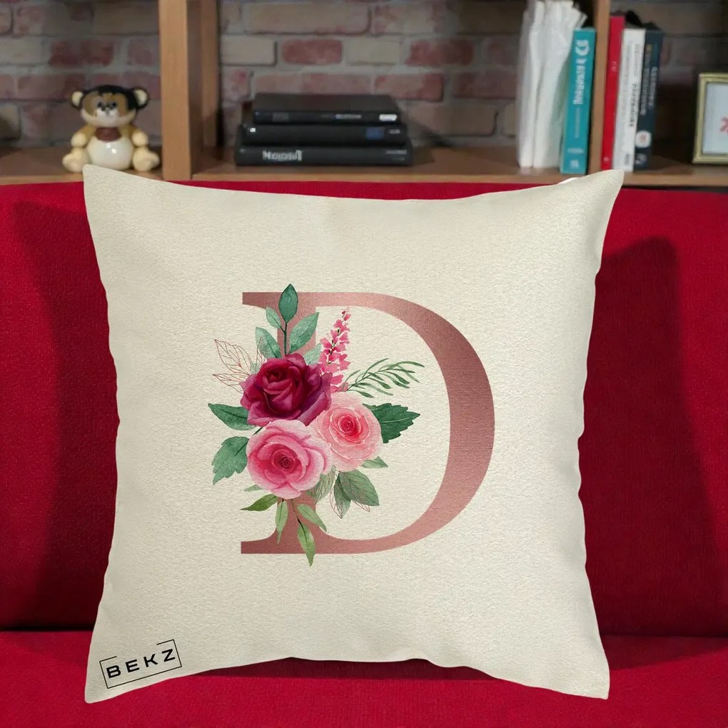 Cadou Personalizat - Perna Personalizata Monograma Rose Gold Litera D, 40x40 cm, Ecru, Husa Detasabila, Perna Inclusa, BEKZ®