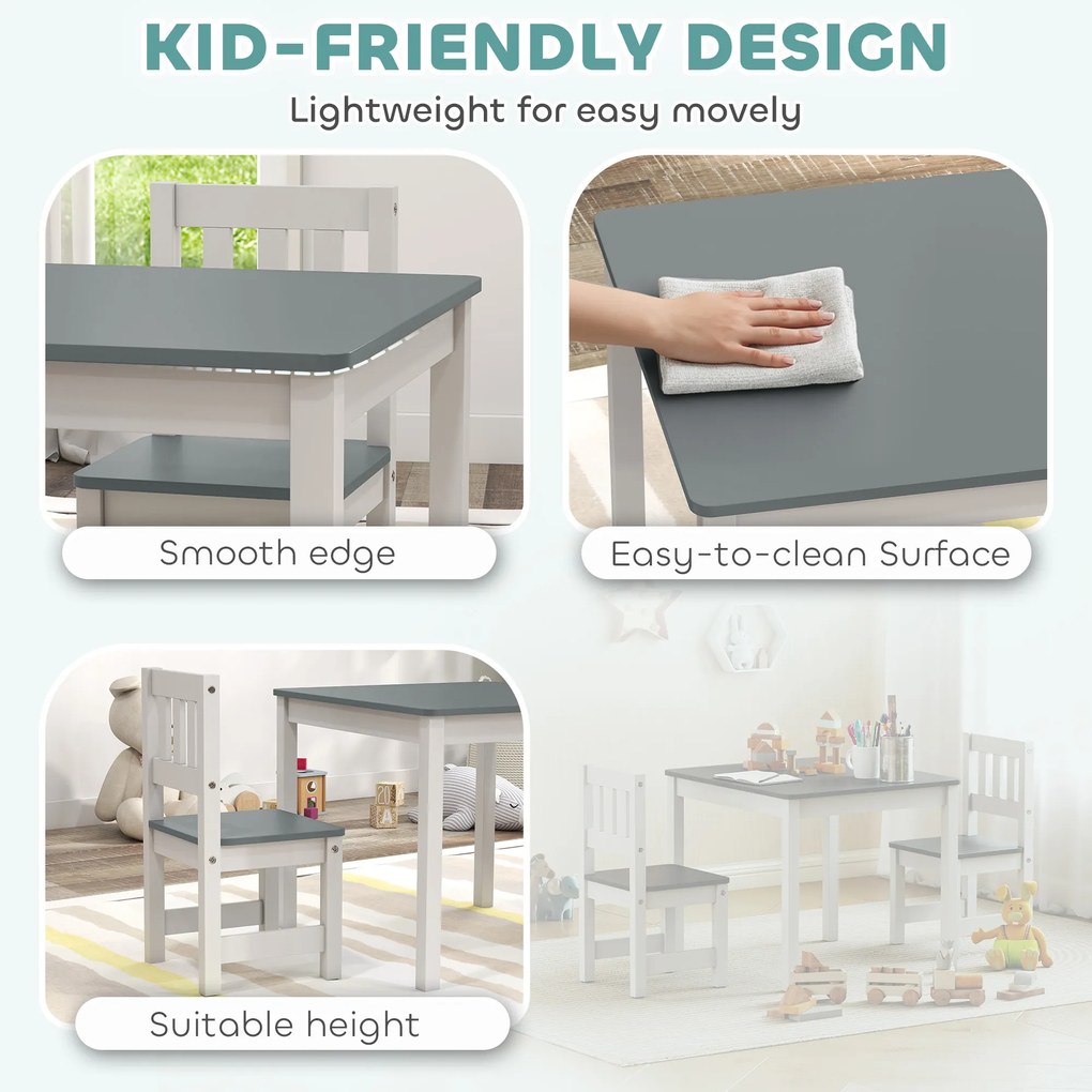 AIYAPLAY Set Măsuță și Scaune pentru Copii 3-8 Ani din Lemn Gri și Alb | Aosom Romania