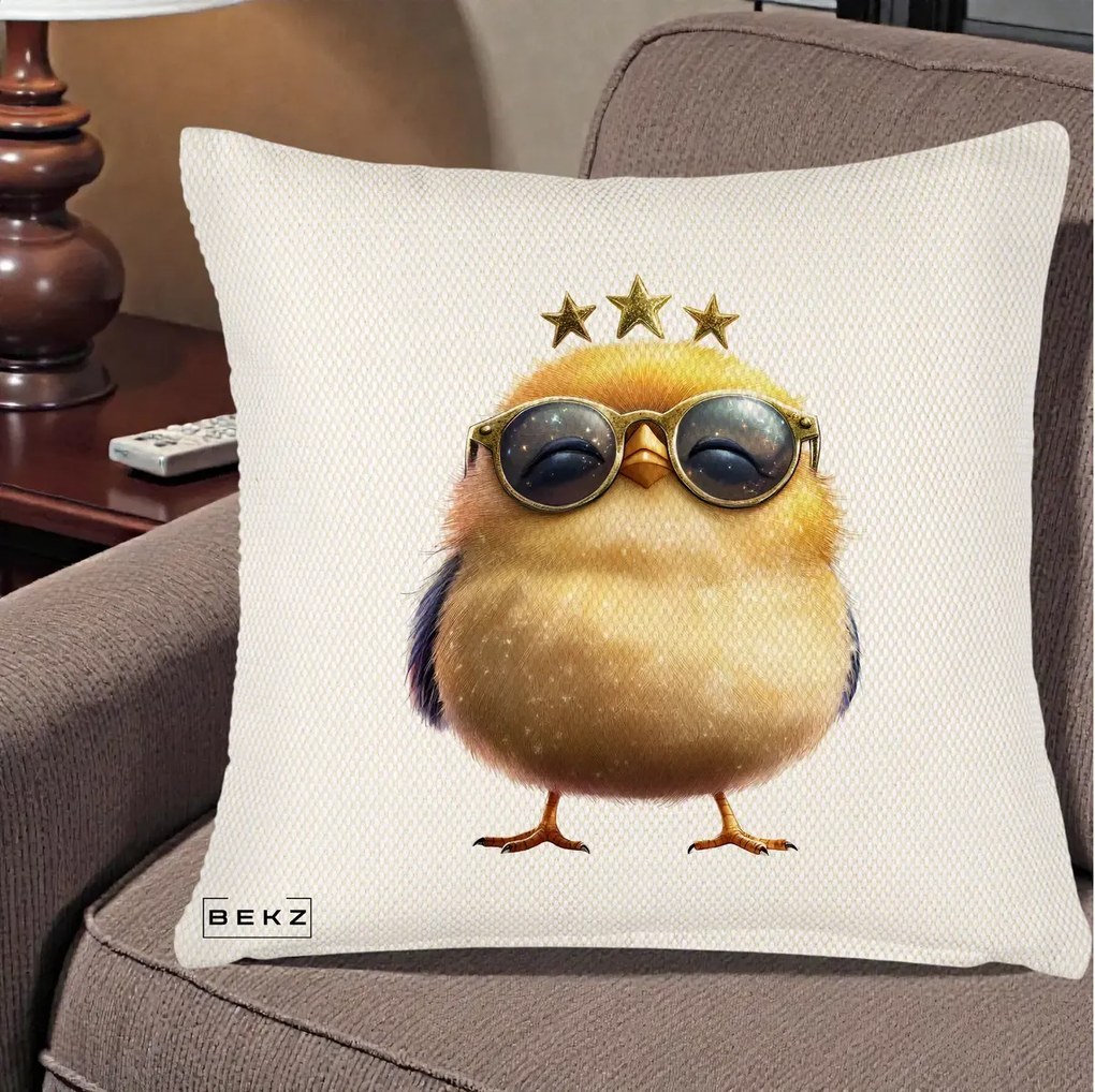 Perna Decorativa Pui Gold Star cu Ochelari Aurii, 40x40 cm, Crem Reliefat, Husa Detasabila, Perna Inclusa, BEKZ®