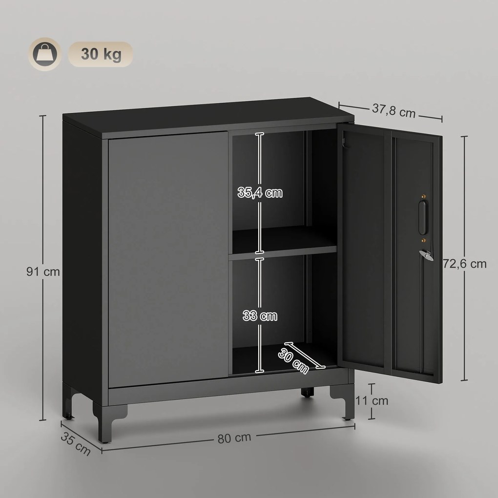 HOMCOM Dulap birou din metal, uși blocabile, comodă de birou, design cu două niveluri, Negru | Aosom Romania