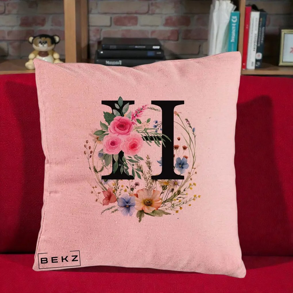 Cadou Personalizat - Perna Personalizata Monogram Litera H cu Flori Acuarela, 40x40 cm, Roz, Husa Detasabila, Perna Inclusa, BEKZ®