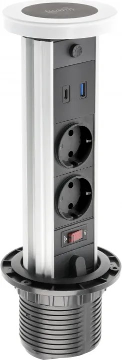 Priză încorporabilă în blat Camino GTV, încărcător wireless 10W, 2 prize Schuko, USB A + C, alb, D:80 mm Aluminiu/ plastic, Alb, D:80 mm