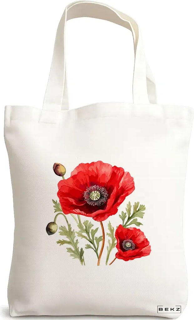 Sacosa de Panza pentru Cumparaturi, Geanta Tote, model Flower Bouquet 5, 38 x 34.5 cm, Alba, BEKZ®