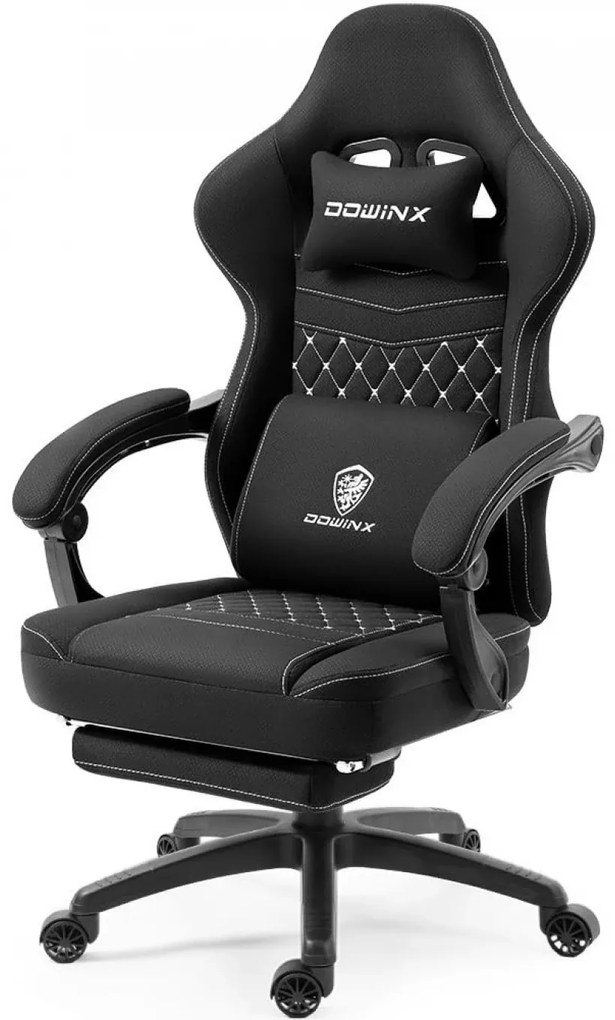 DOWINX Scaun gaming, ergonomic, suport lombar cu masaj, Șezut cu Arcuri Metalice și Spumă, Spătar înalt, rabatabil 90°-135°, Buzunar depozitare, Suport picioare, rezistent 150 kg, material respirabil, Negru