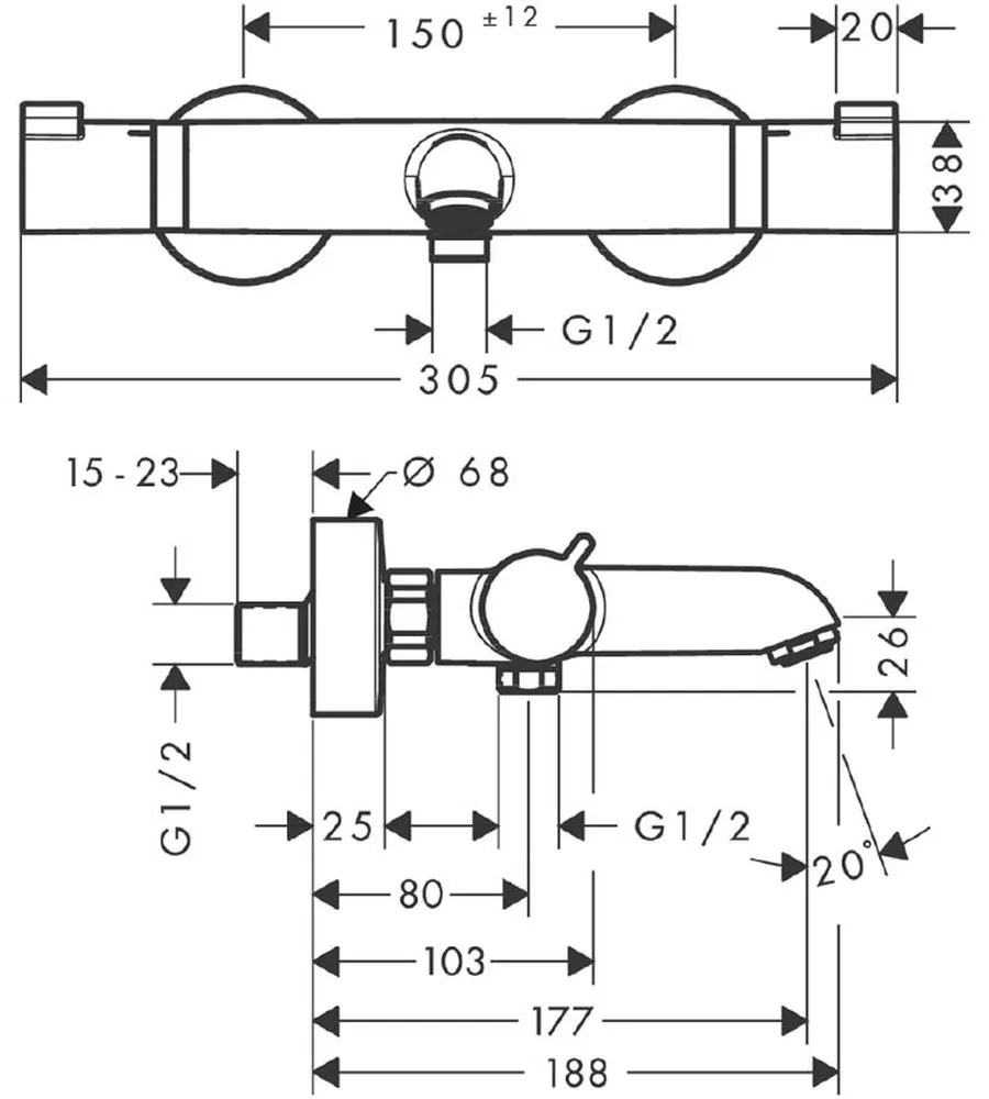 Baterie termostatata cada, bronz periat Bronz periat