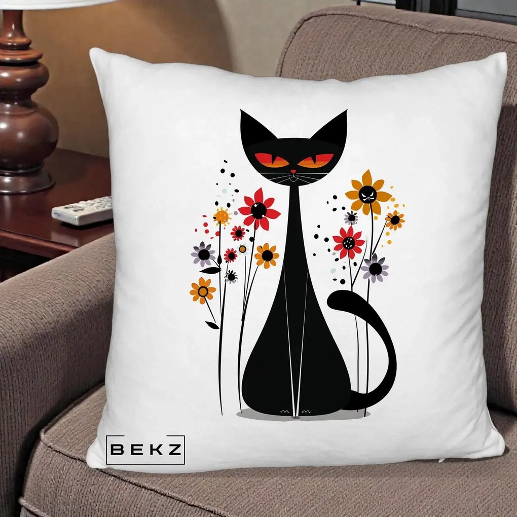 Perna Decorativa Pisica Neagra Ochi Rosii Flori, 40x40 cm, Alb Pufos, Husa Detasabila, Perna Inclusa, BEKZ®