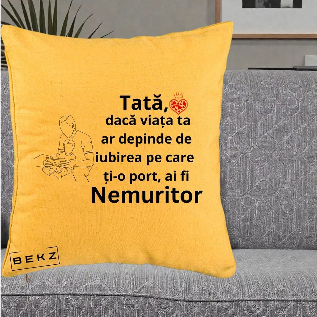 Cadou pentru Tata - Perna Personalizata Tata Nemuritor Lectura, 40x40 cm, Galben, Husa Detasabila, Perna Inclusa, BEKZ®