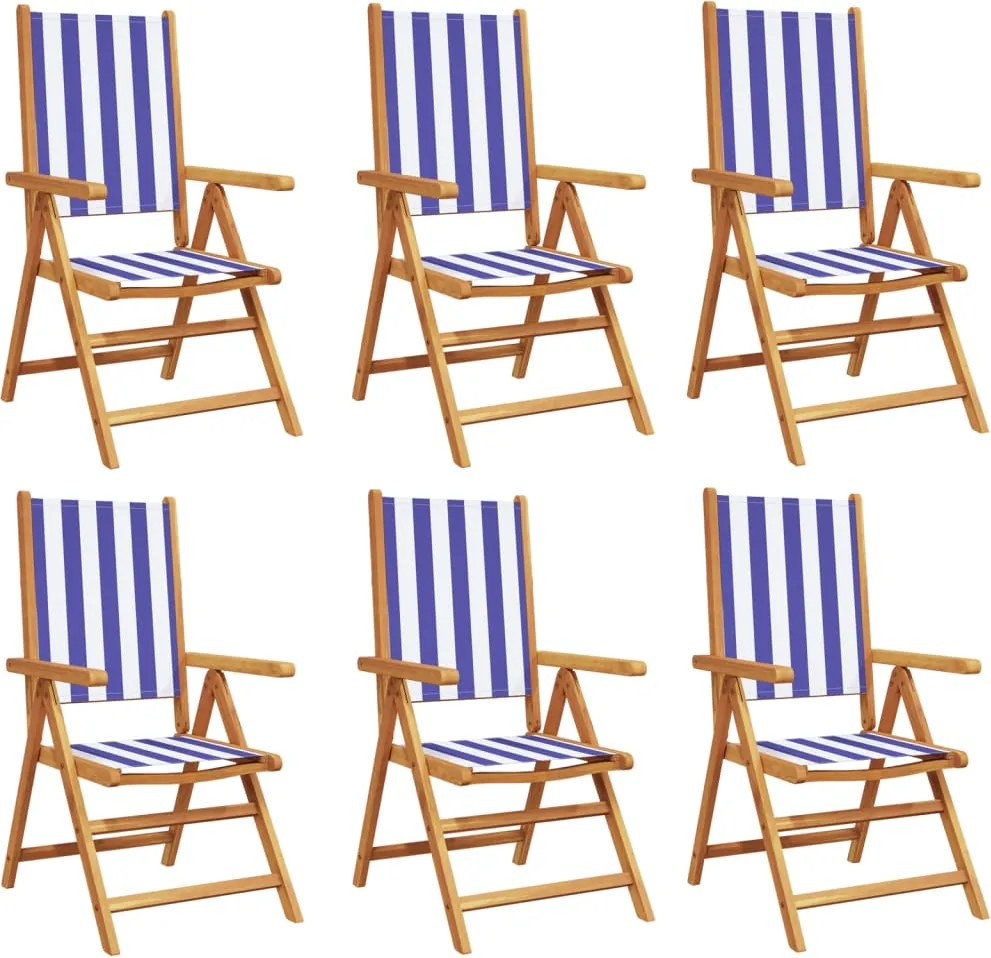 vidaXL Scaune grădină rabatabile 6buc., textil albastru alb/lemn masiv