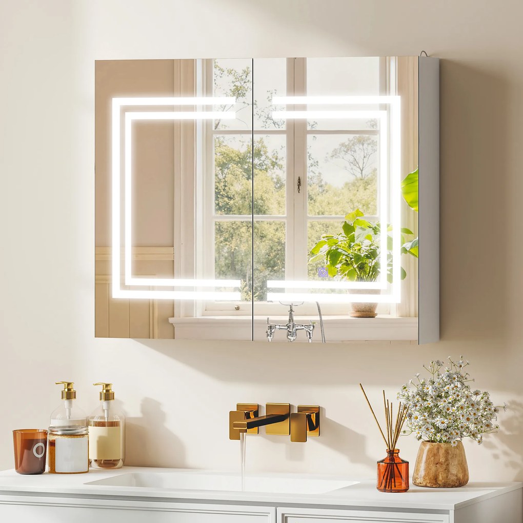 kleankin Oglindă Baie cu Dulap și LED, 80 x 65cm, Ușă Soft Close, Reglabilă pe 3 Culori, Rafturi Ajustabile, Alb Lucios | Aosom Romania