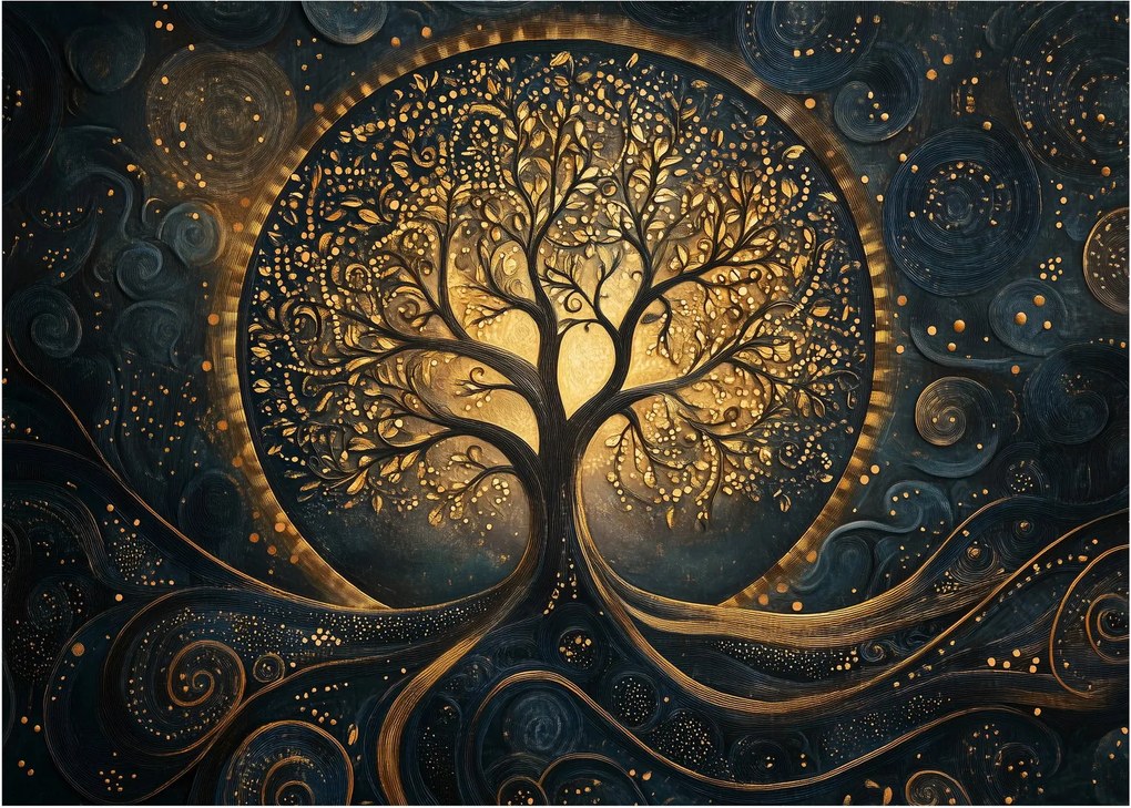 Tablou pe sticlă – Arbore cu aură aurie (70x50 cm)