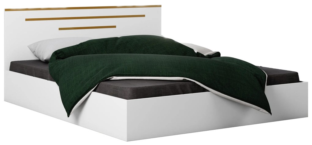 Dormitor Gold, culoare alb / auriu, pat standard 160x200 cm, dulap 123 cm, comoda si 2 noptiere