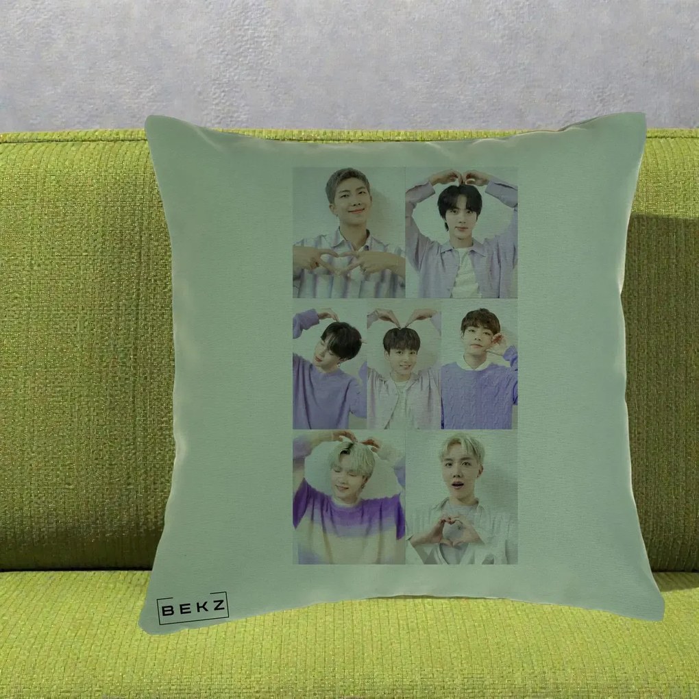 Perna Personalizata K-pop BTS Colaj 7 Portrete cu Inimi Lila, 40x40 cm, Verde, Husa Detasabila, Perna Inclusa, BEKZ®
