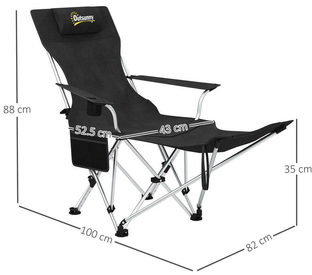 Outsunny Set de 2 Scaune de Camping Pliabile cu Suport pentru Picioare Detașabil, 82x100x88 cm, Negru | Aosom Romania