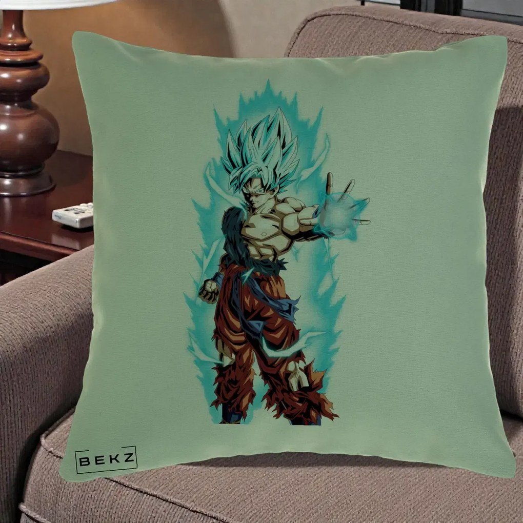 Perna Personalizata Dragon Ball Goku Ultra Instinct Blue, 40x40 cm, Verde, Husa Detasabila, Perna Inclusa, BEKZ®