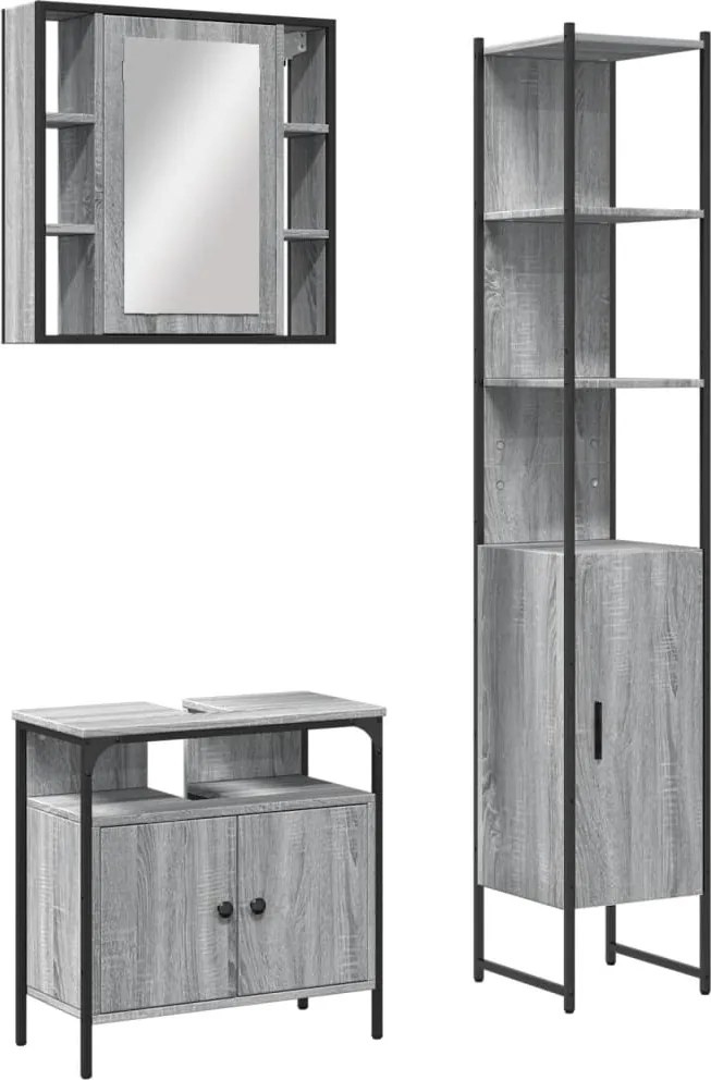 vidaXL Set dulapuri de baie, 3 piese, gri sonoma, lemn prelucrat