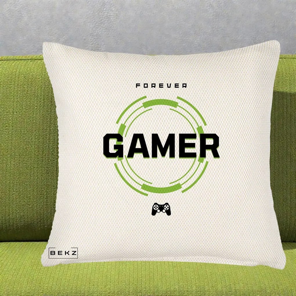 Perna Personalizata Forever Gamer, 40x40 cm, Crem Reliefat, Husa Detasabila, Perna Inclusa, BEKZ®