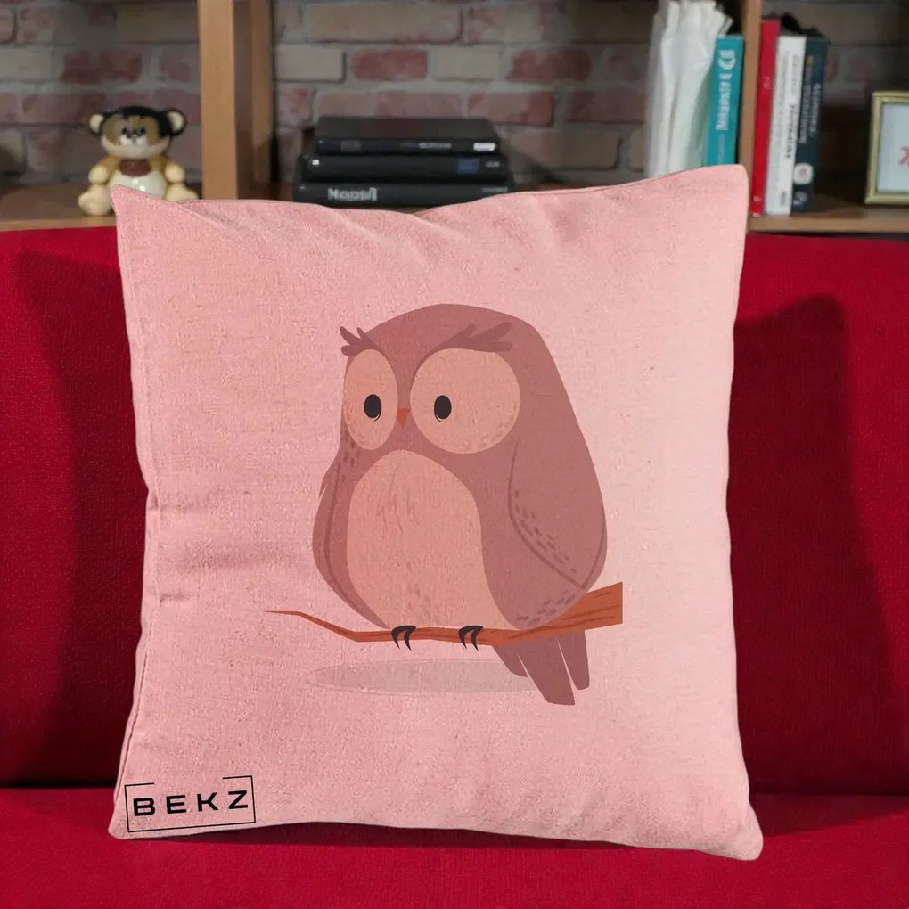 Perna Decorativa Bufnita Kawaii pe Creanga, 40x40 cm, Roz, Husa Detasabila, Perna Inclusa, BEKZ®