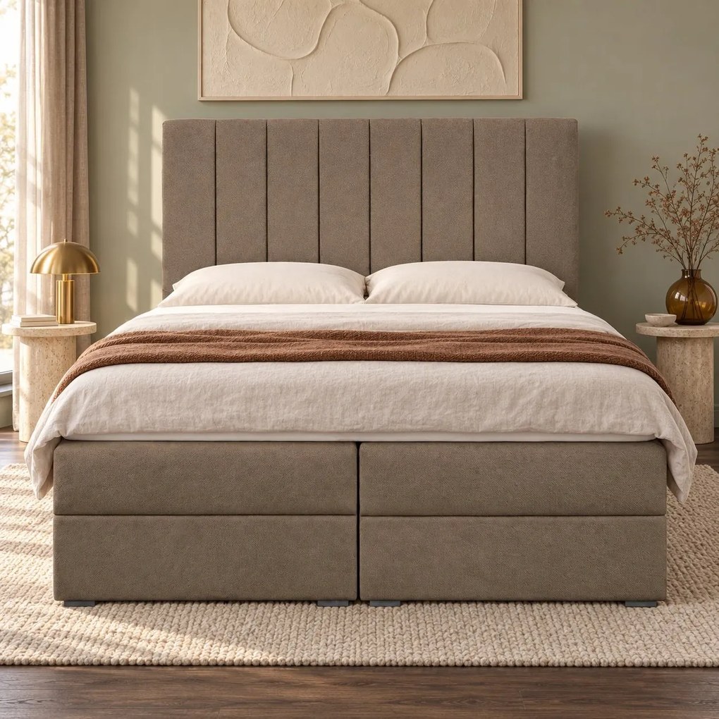 Pat boxspring din catifea Novella cu ladă 180×200 cm, cappuccino