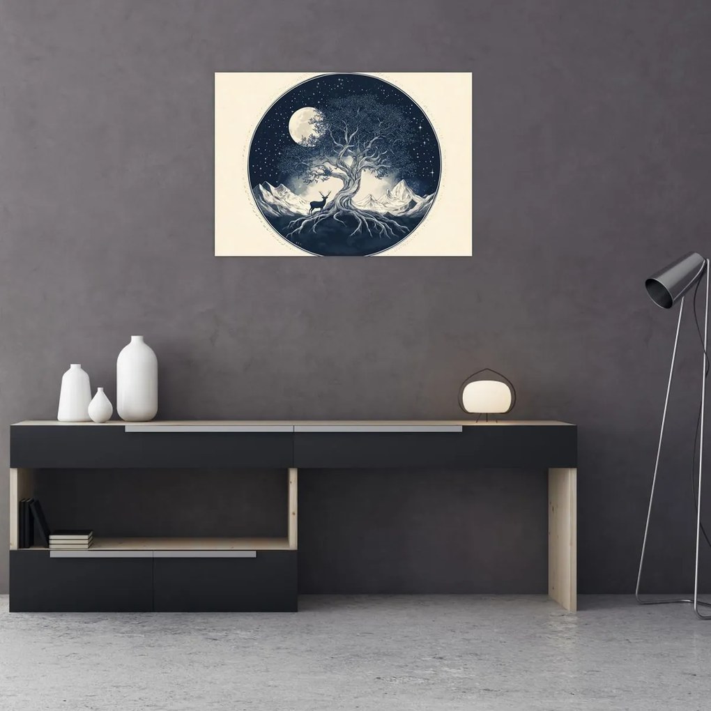 Tablou pe sticlă – Arbore magic cu cerb I. (70x50 cm)