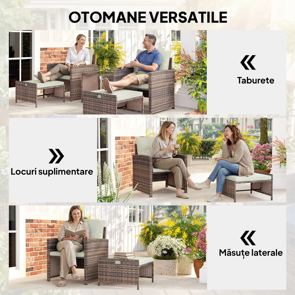 Outsunny Set de Mobilier de Grădină din Rattan 5 Piese, Set de Mobilier Exterior cu 2 Suporturi pentru Picioare, 2 Fotolii, Masă de Cafea cu 2 Niveluri, Perne, pentru Balcon, Terasă, Patio, Maro/Crem | Aosom Romania