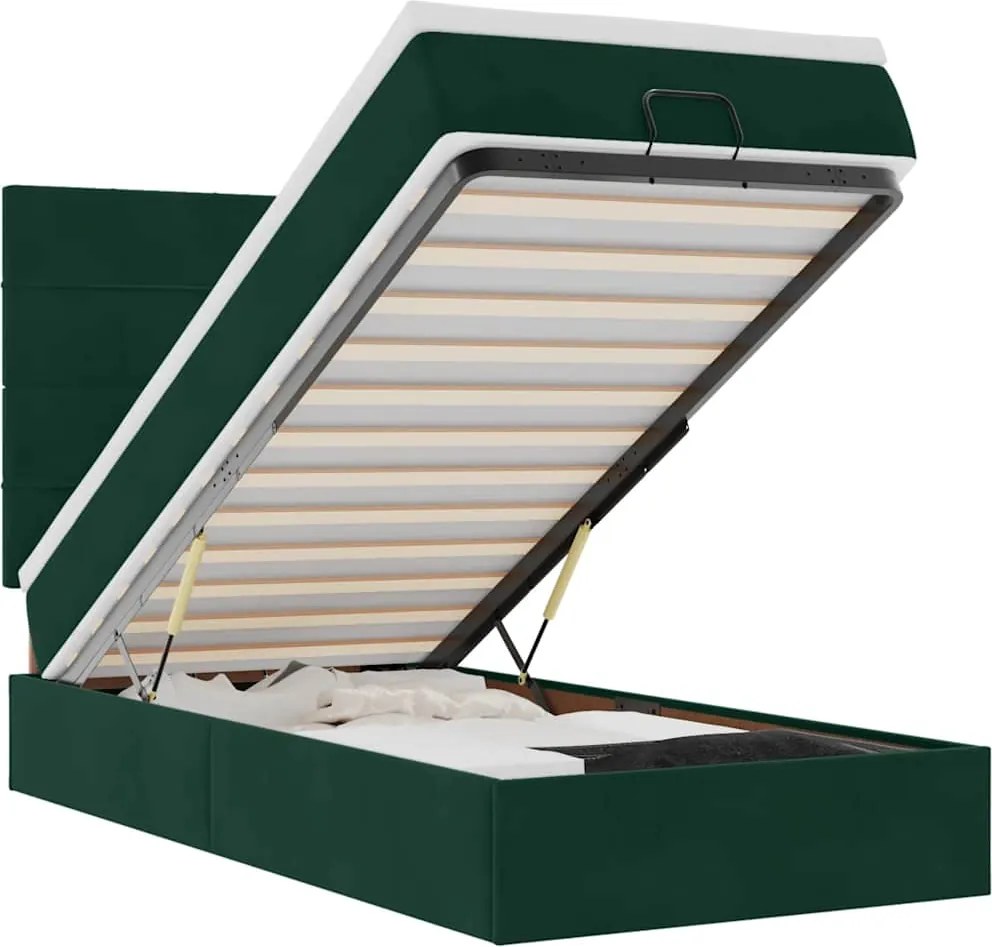 vidaXL Cadru de pat otoman cu saltele, catifea verde închis 100x200cm