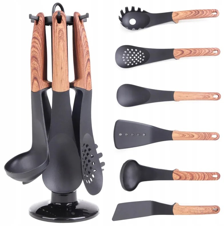 Set de aparate de bucătărie cu livrare Royalty Line RL-U03, 7 piese, polipropilenă, până la 210C, fără PFOA, negru