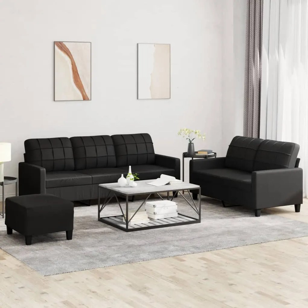 3201383 vidaXL Set de canapele cu perne, 3 piese, negru, piele ecologică