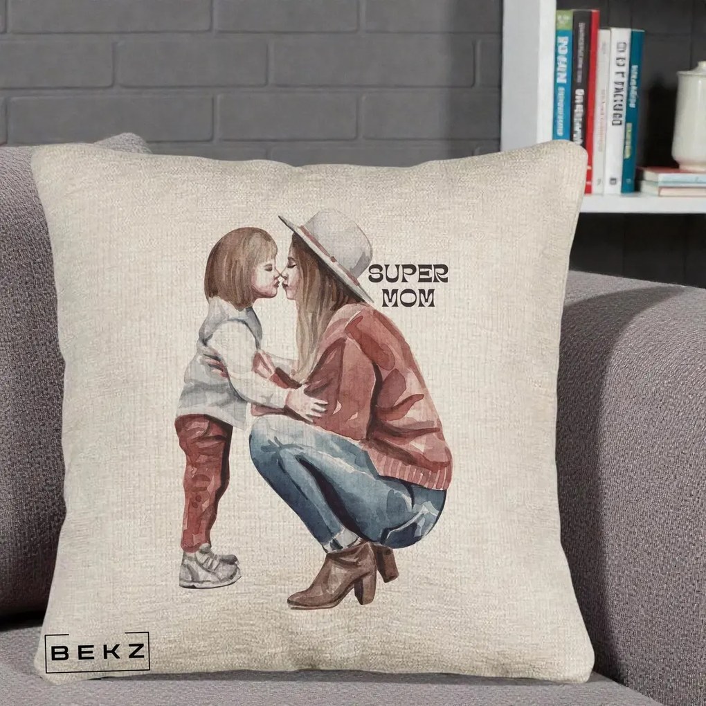 Cadou pentru Mama - Perna Personalizata Super Mom Acuarela, 40x40 cm, Bej Canapea, Husa Detasabila, Perna Inclusa, BEKZ®